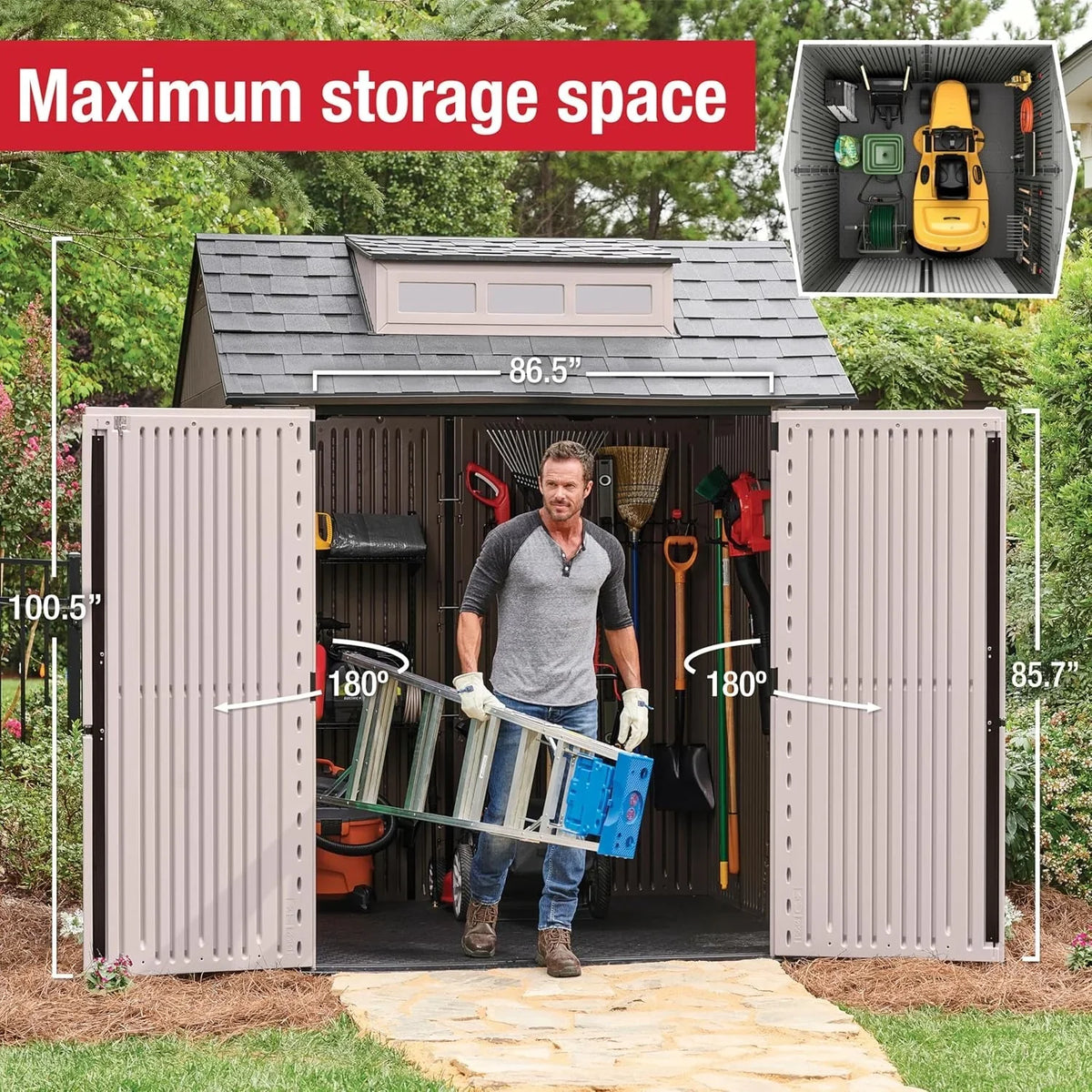 Rubbermaid resin garden shed with floor (2.13 x 2.13 m), weatherproof, grey, for storing garden tools, lawnmowers, bicycles and pool accessories
