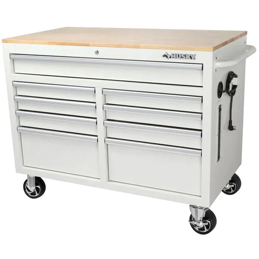 Mobile workbench with 9 drawers, hardwood top and power connection, 117 cm W x 62 cm D C high-gloss black