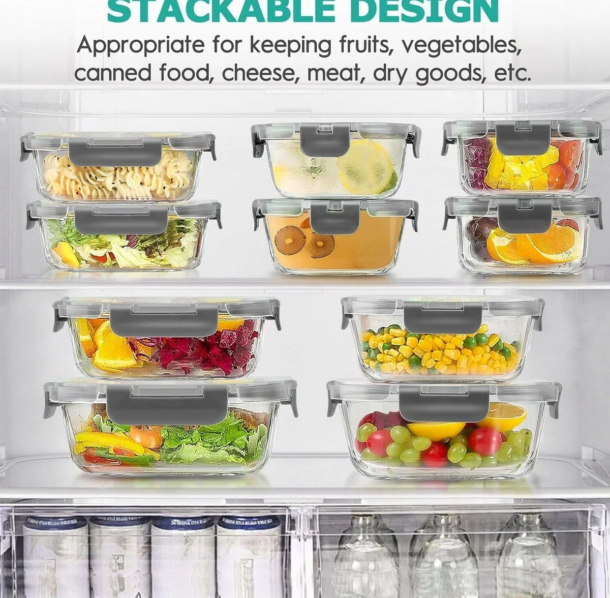 34pcs Glass Food Storage Containers with Lids Set, Airtight Meal Prep Containers (17 Containers &amp; 17 Lids), Grey