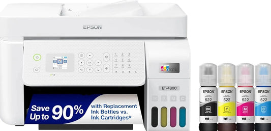 Epson EcoTank ET-4800 Wireless All-in-One Inkjet Printer, White – Cartridge-Free, Scanner, Copier, Fax, ADF, Ethernet, Home Office