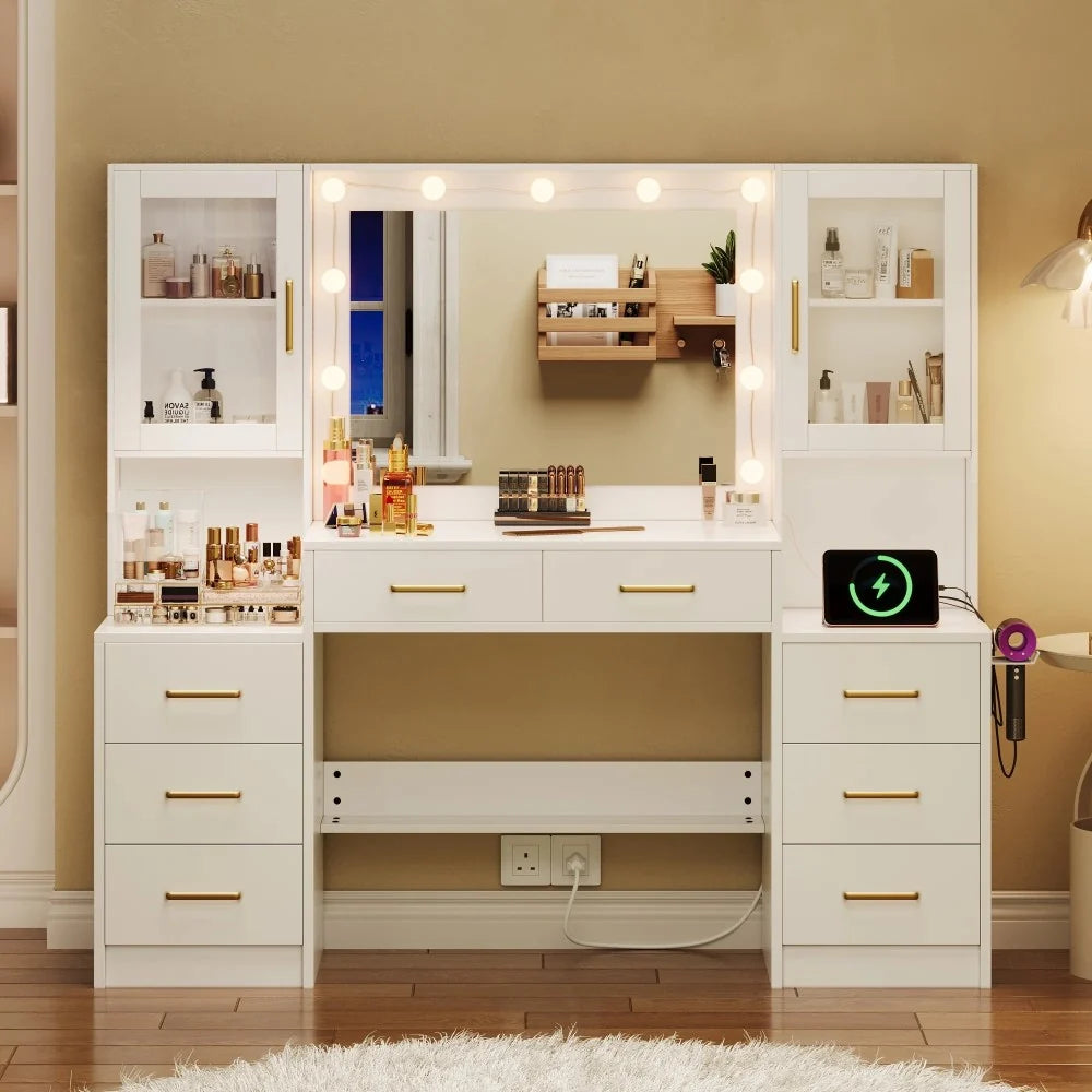 UGTOO 58.27" Modern LED Makeup Vanity Desk with Mirror & Lights,10 Adjustable LED Bulbs,8 Drawers + 2 Cabinets,White Farmhouse/Minimalist Design