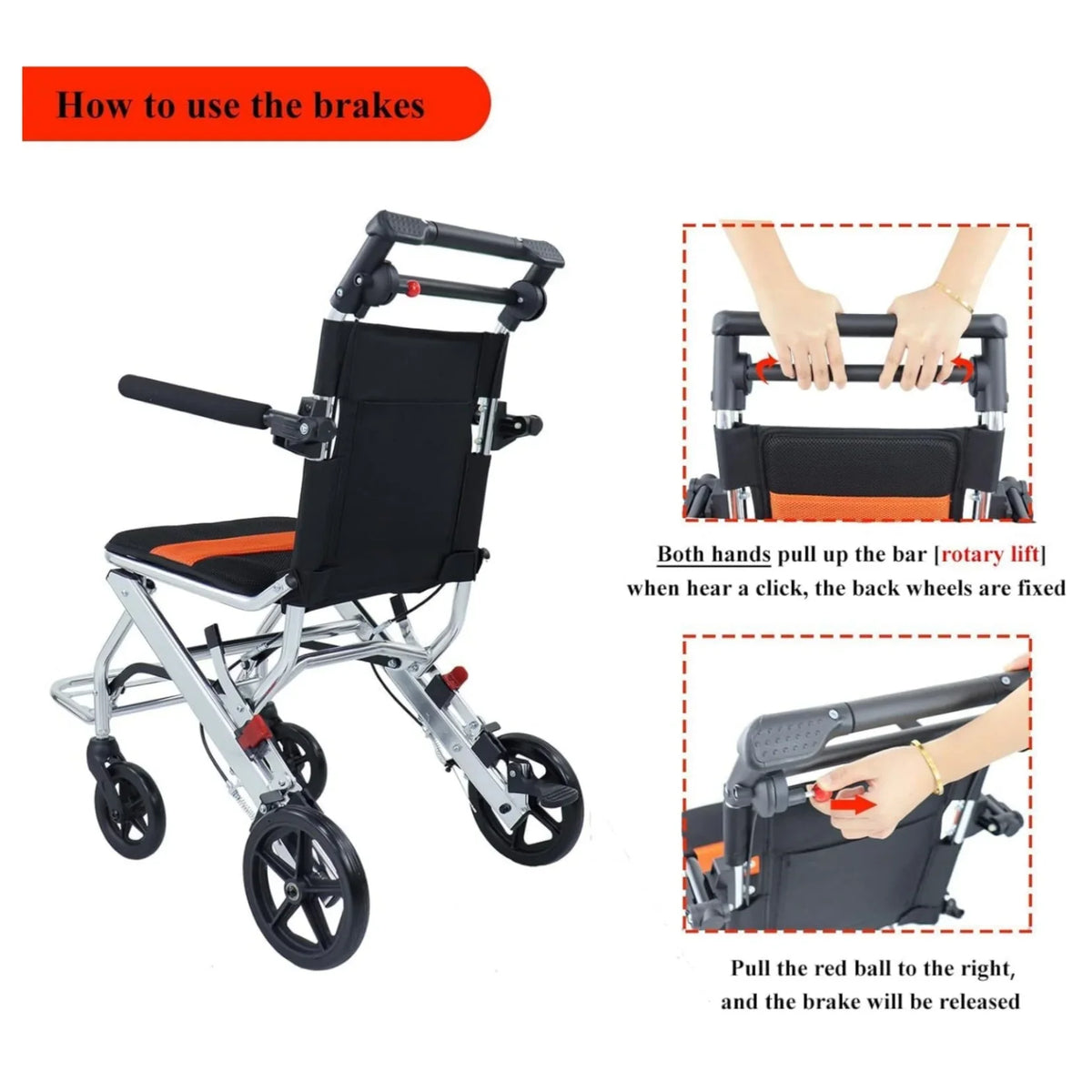 Ultra-Light Portable Folding Wheelchair, Travel-Friendly with Handbrake, 220 lbs Capacity, Ideal for Elderly & Children, 34.232.6 Unfolded Dimensions