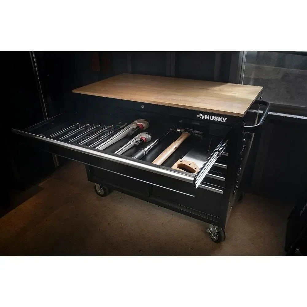 Mobile workbench with 9 drawers, hardwood top and power connection, 117 cm W x 62 cm D C high-gloss black