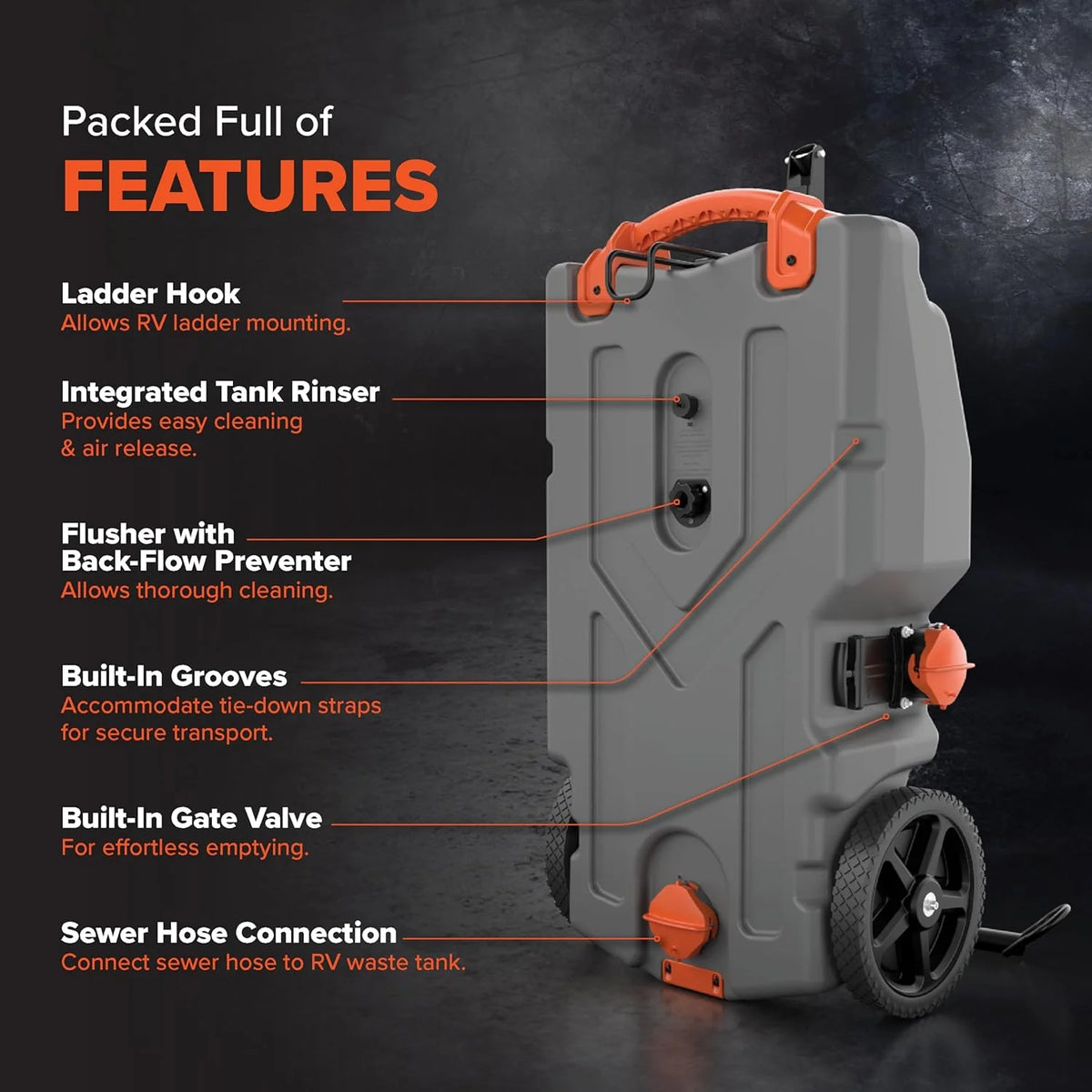 36-Gallon Portable Camper / RV Tote Tank - Features Large Heavy-Duty No-Flat Wheels & Built-In Gate Valve - Removable Steel Tow Adapter, 3 ?RV Sewer Hose & More RV Accessories (39006)