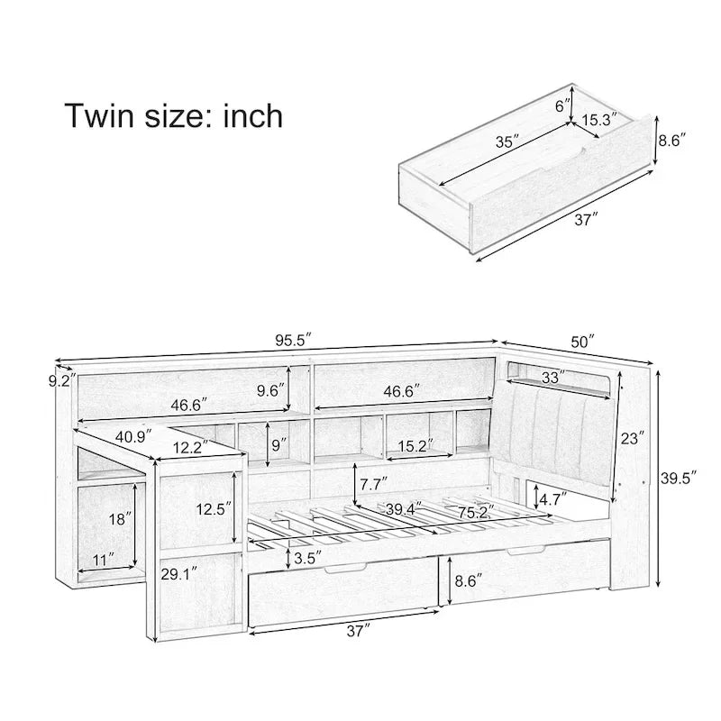 L-shaped Wooden Sofa Daybed with Desk, Bookcase Cabinet, Corner Bed with Under-bed Drawers, Upholstered Headboard Built-in Light