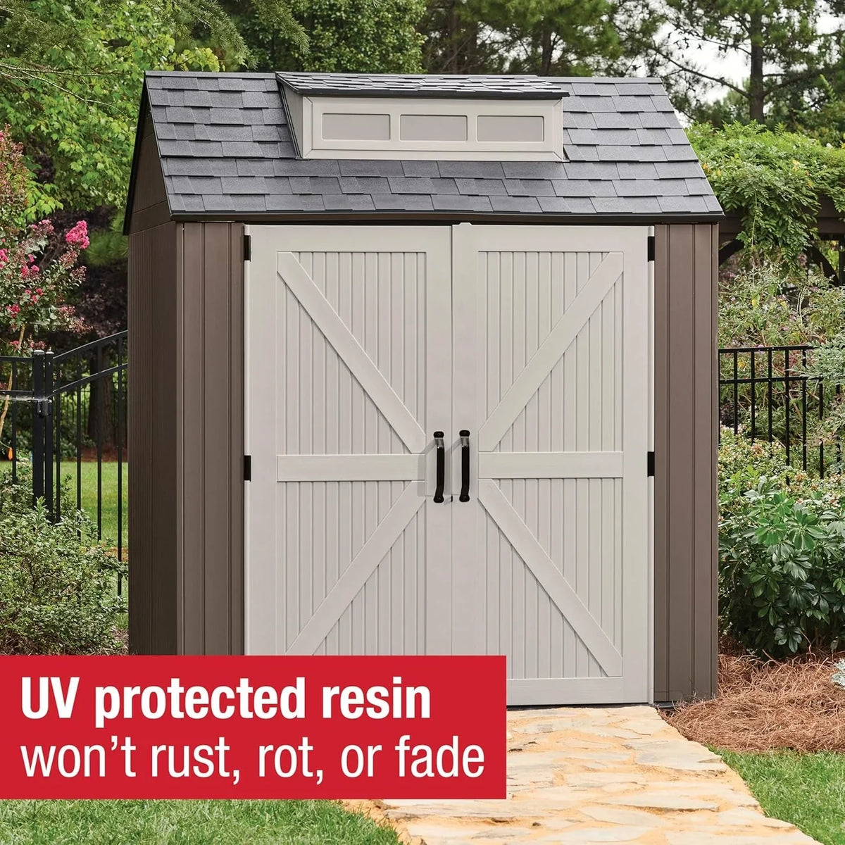 Rubbermaid resin garden shed with floor (2.13 x 2.13 m), weatherproof, grey, for storing garden tools, lawnmowers, bicycles and pool accessories