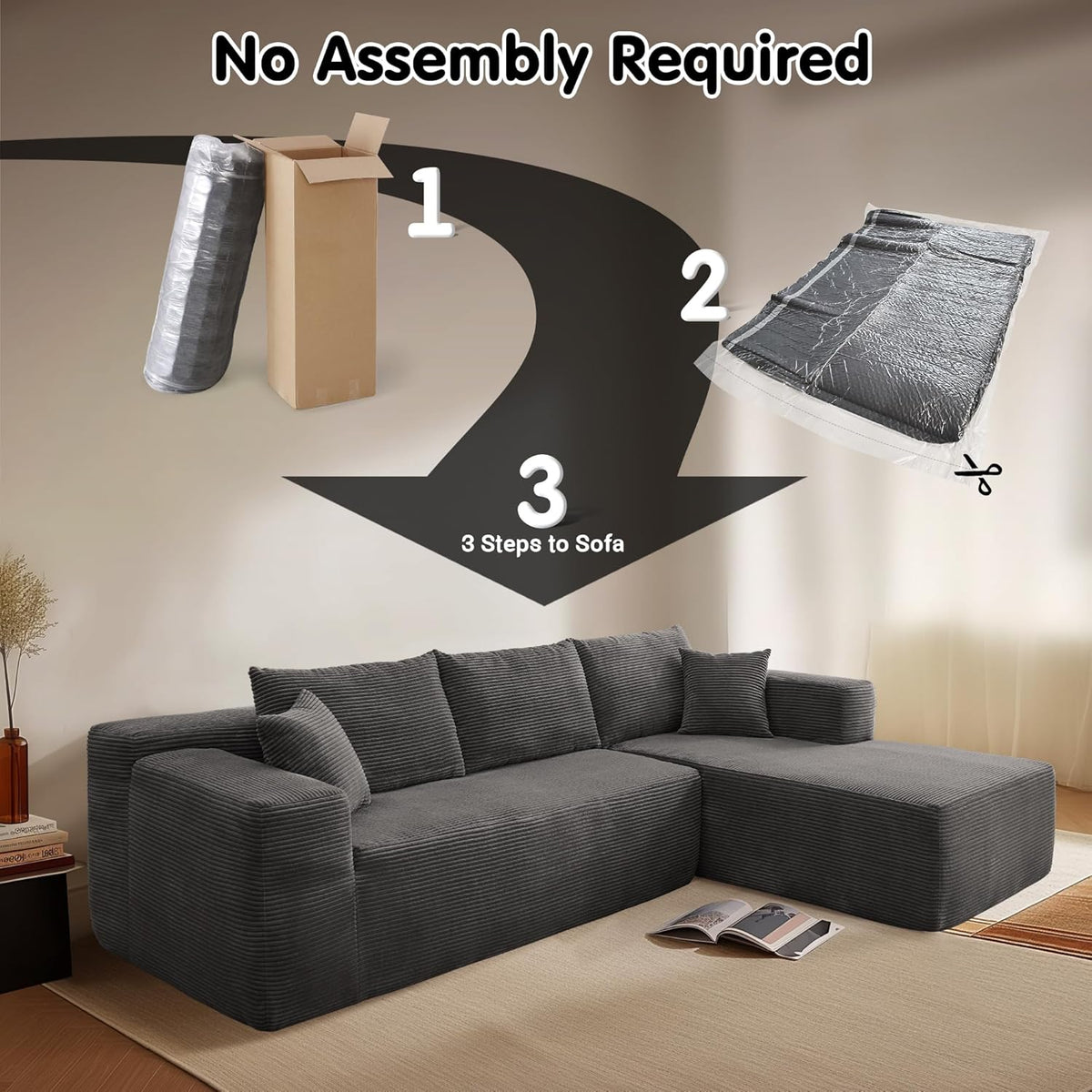 ovios 104" Cloud Sectional Couch with L-Shape Chaise,Modern Modular Sofa with Deep Seat, Upholstered Couches for Living Room Bedroom,No Assembly Required, Grey (Plush Corduroy Fabric)