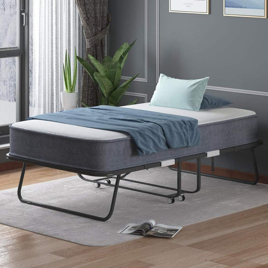 Folding Bed with 4 Inch Foam Mattress,75" x 31" Rollaway Bed for Adults,Portable Bed with Lockable Wheels,Easy Assembly & Moving,Standard
