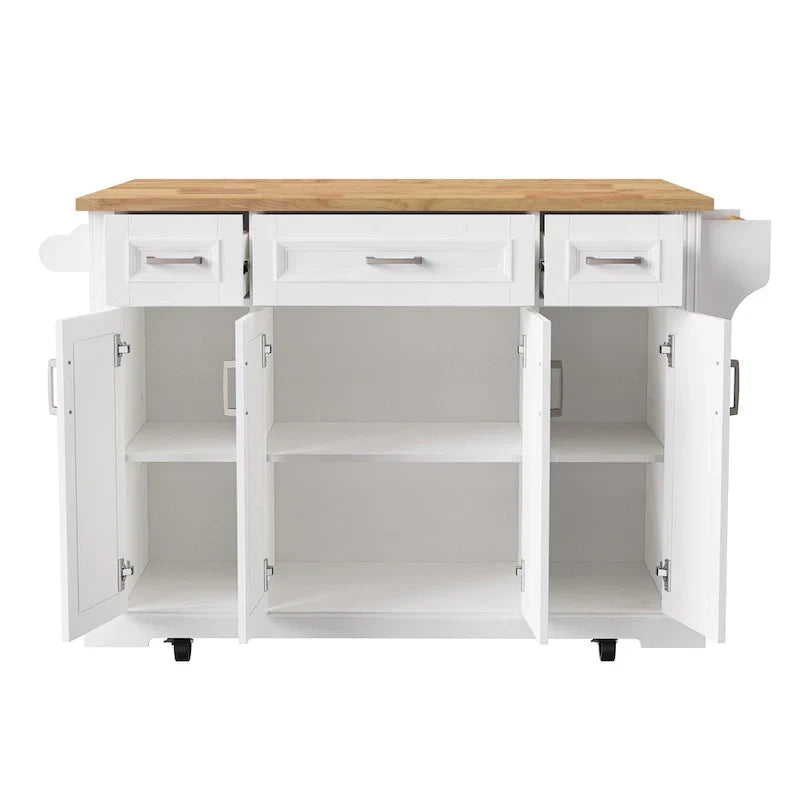Large Kitchen Island with Wood Drop Leaf, Embossed Texture Rolling Kitchen Cart wDoors and Drawers wStorage for Kitchen, White