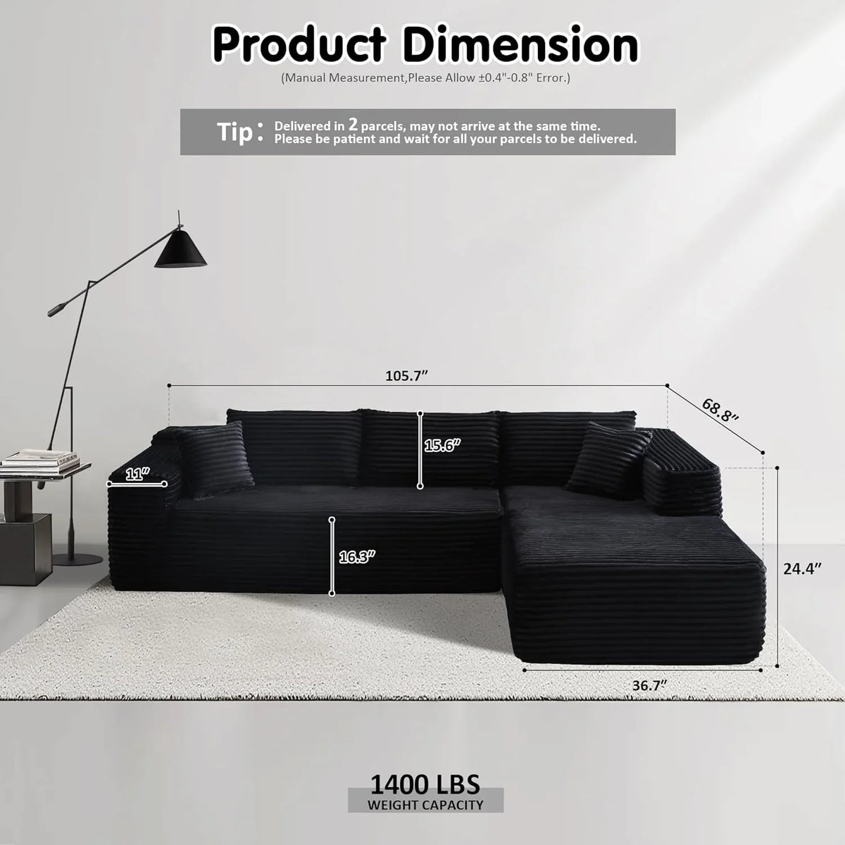 ovios 104" Cloud Sectional Couch with L-Shape Chaise,Modern Modular Sofa with Deep Seat, Upholstered Couches for Living Room Bedroom,No Assembly Required, Grey (Plush Corduroy Fabric)