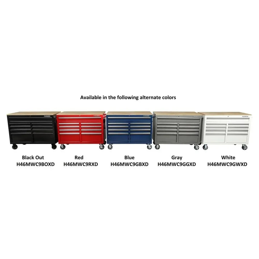 Mobile workbench with 9 drawers, hardwood top and power connection, 117 cm W x 62 cm D C high-gloss black