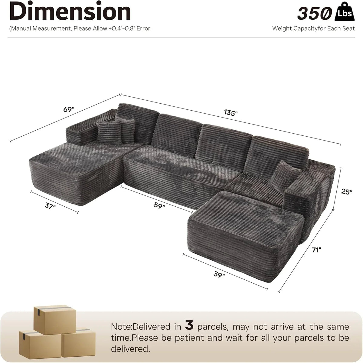 ovios 104" Cloud Sectional Couch with L-Shape Chaise,Modern Modular Sofa with Deep Seat, Upholstered Couches for Living Room Bedroom,No Assembly Required, Grey (Plush Corduroy Fabric)