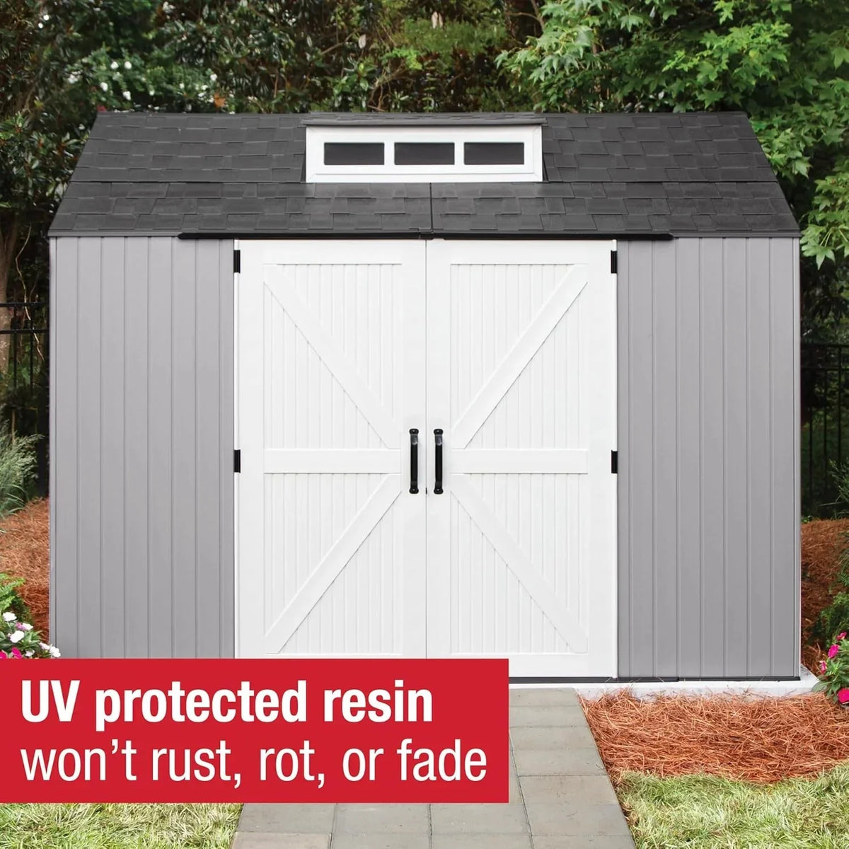 Rubbermaid resin garden shed with floor (2.13 x 2.13 m), weatherproof, grey, for storing garden tools, lawnmowers, bicycles and pool accessories