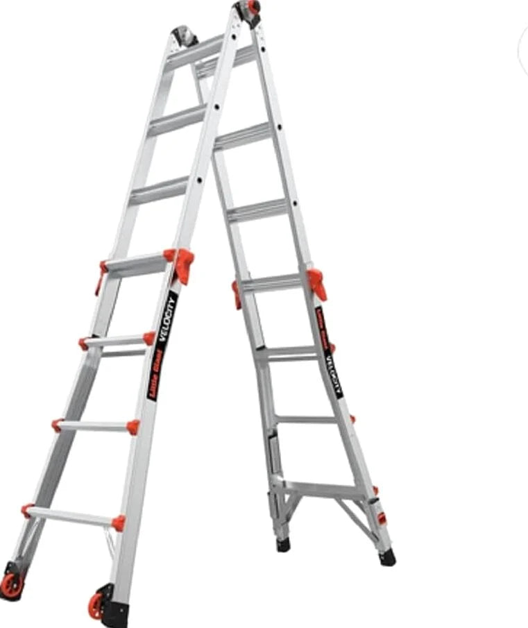17-foot foldable multi-position ladder, made of aluminum, with a load capacity of 300 pounds, 1A type super heavy-duty, 18-foot extension length, equipped with a ratchet leveling device and wheels