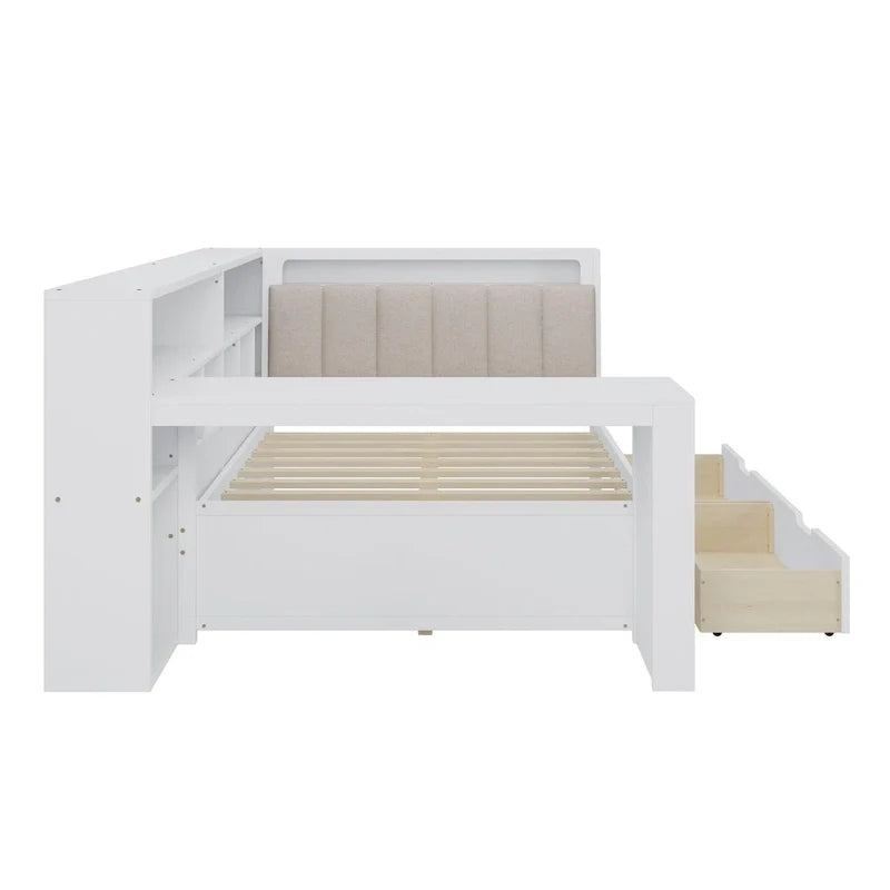 L-shaped Wooden Sofa Daybed with Desk, Bookcase Cabinet, Corner Bed with Under-bed Drawers, Upholstered Headboard Built-in Light