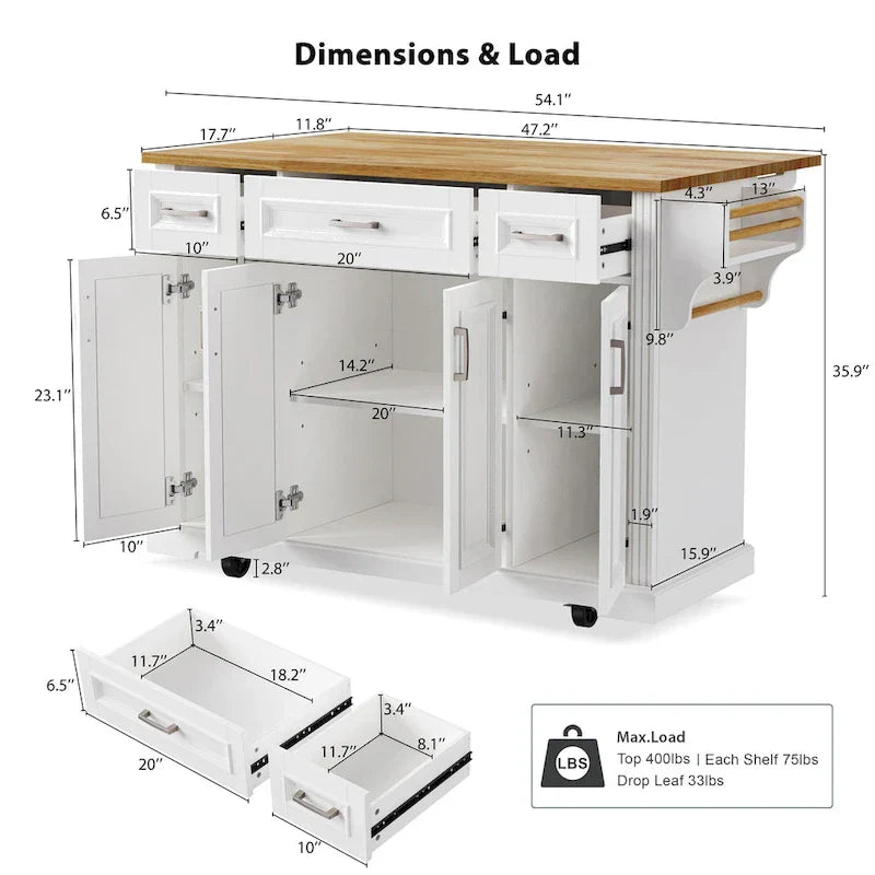 Large Kitchen Island with Wood Drop Leaf, Embossed Texture Rolling Kitchen Cart wDoors and Drawers wStorage for Kitchen, White