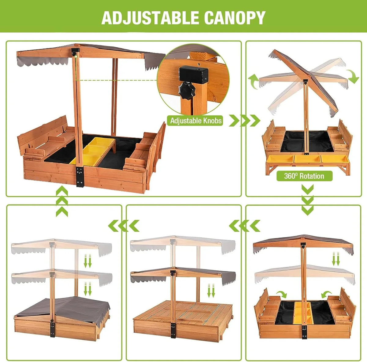 Kids Wooden Outdoor Sandbox w/Canopy, 2 Foldable Bench Seats, Retractable Roof Sand Protection Liner 47x47-Inch