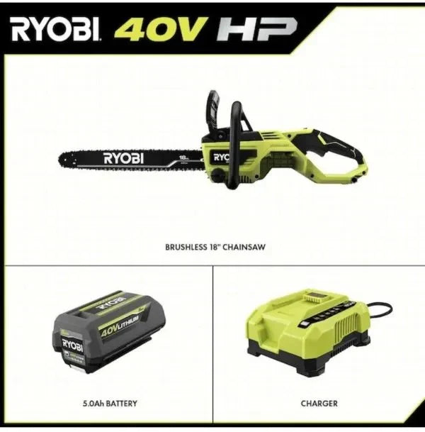 Ryobi 18 40V Cordless Chainsaw Kit with Battery & Charger, Green