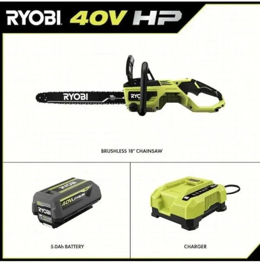 Ryobi 18 40V Cordless Chainsaw Kit with Battery & Charger, Green