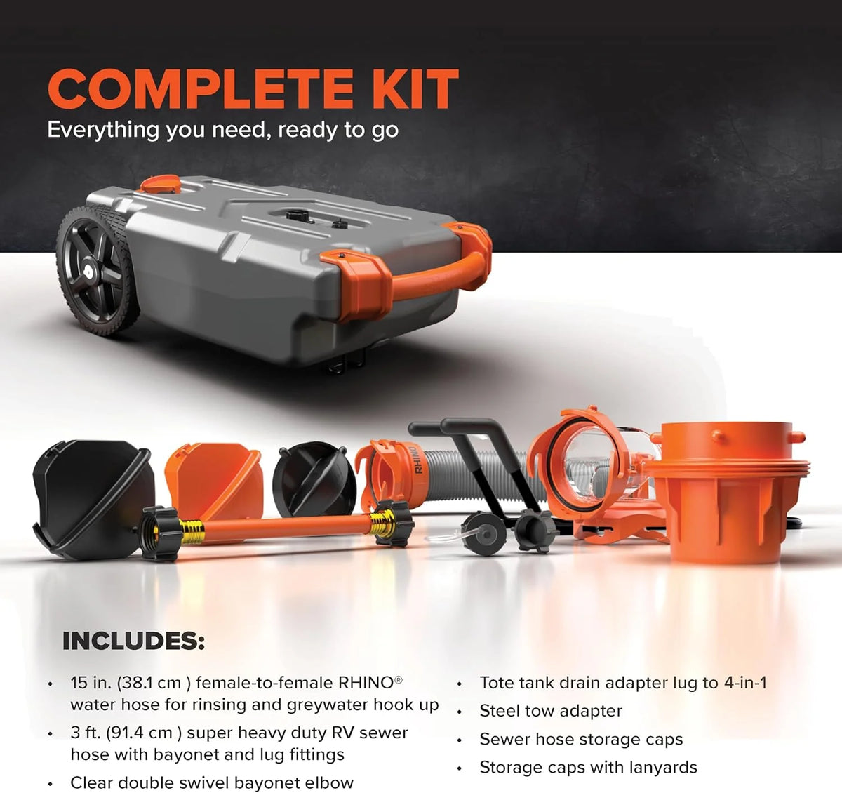 36-Gallon Portable Camper / RV Tote Tank - Features Large Heavy-Duty No-Flat Wheels & Built-In Gate Valve - Removable Steel Tow Adapter, 3 ?RV Sewer Hose & More RV Accessories (39006)