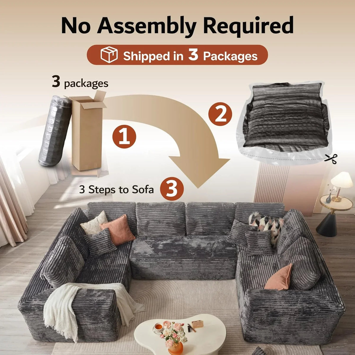 ovios 104" Cloud Sectional Couch with L-Shape Chaise,Modern Modular Sofa with Deep Seat, Upholstered Couches for Living Room Bedroom,No Assembly Required, Grey (Plush Corduroy Fabric)