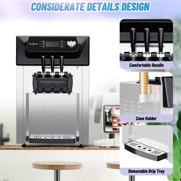 2200W Commercial Ice Cream Machine, 3 Flavor Soft Serve Ice Cream Machine, 5.3-7.4 Gal/Hr, with LCD Touch Screen, Automatic Cleaning, High Productivity for Home Snack Bar &amp; Restaurants