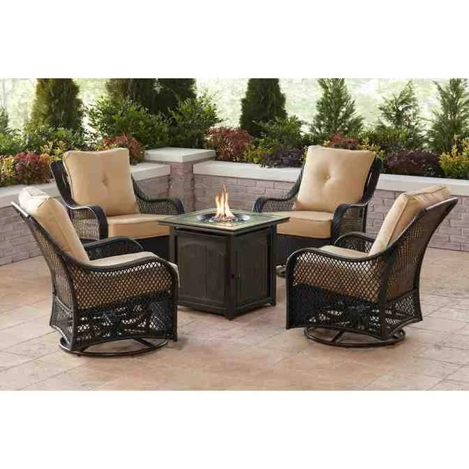 2025 5-piece steel patio fire pit seating set with navy blue cushions, swivel gliders and square fire pit table