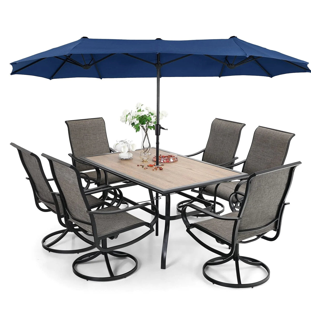 8 Pieces Patio Dining Set with Umbrella,Outdoor Furniture Set with 6 Sling Dining Swivel Chairs