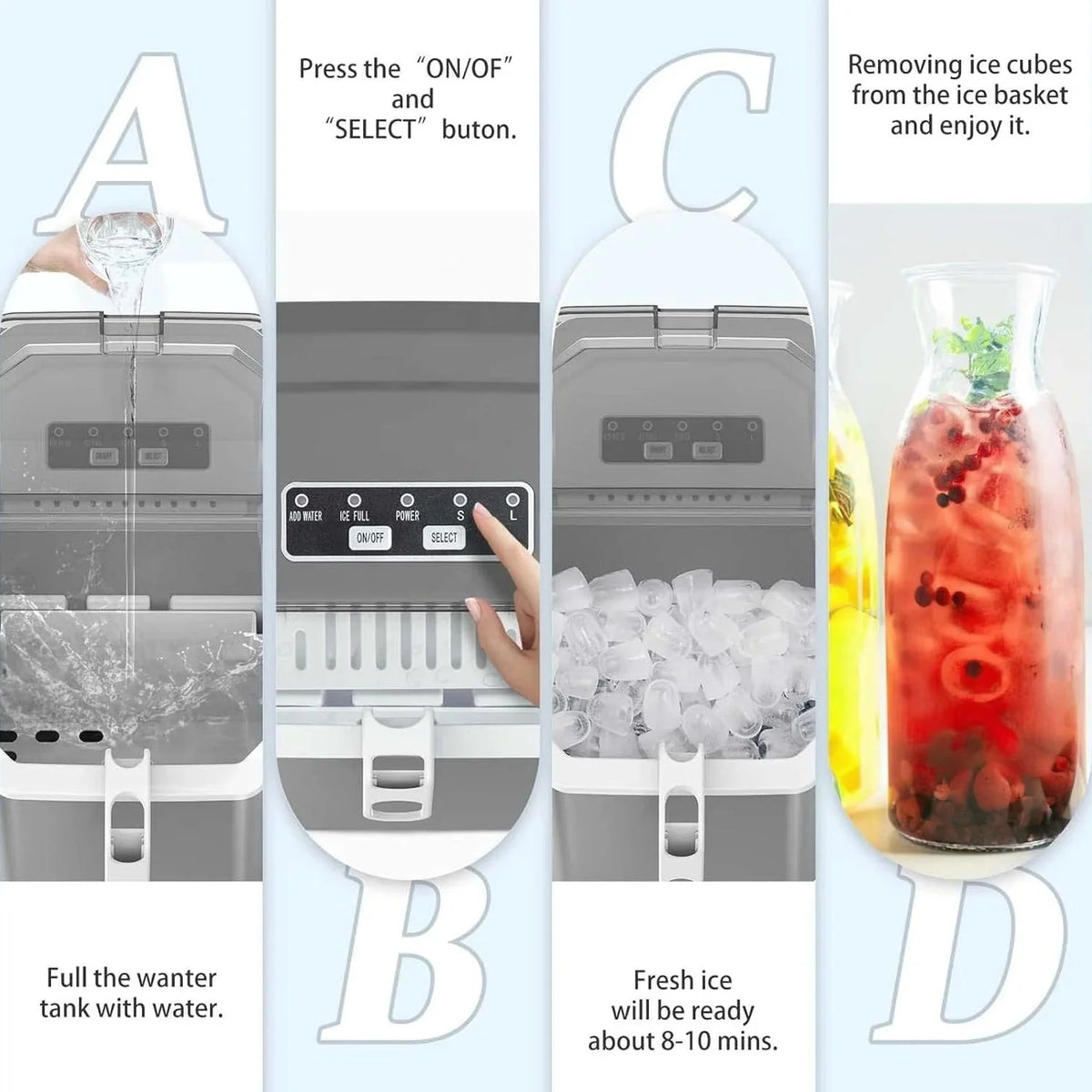 Countertop Ice MakerPortable Ice Machine with Carry HandleSelf-CleaningBasket and Scoop9 Cubes in 6 Mins26.5lbs/24Hrs2 Sizes of Bullet Icefor HomeKitchenPartyGrey