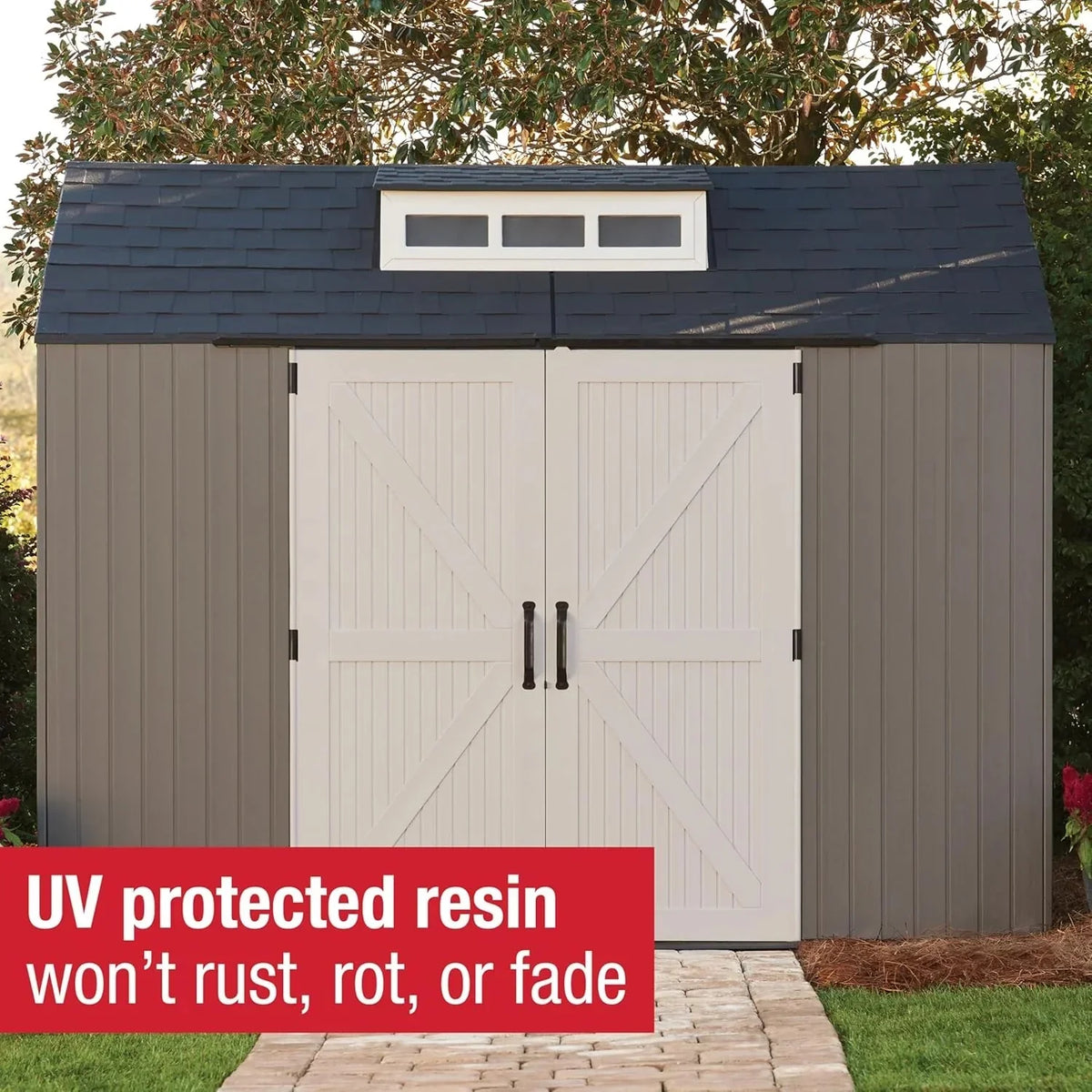 Rubbermaid resin garden shed with floor (2.13 x 2.13 m), weatherproof, grey, for storing garden tools, lawnmowers, bicycles and pool accessories