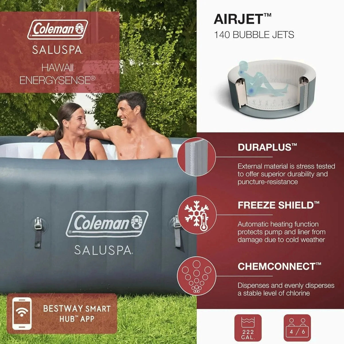 4 to 6 Person Inflatable Hot Tub Square Portable Outdoor Spa with 114 Soothing AirJets and Insulated Cover, Gray-Coleman