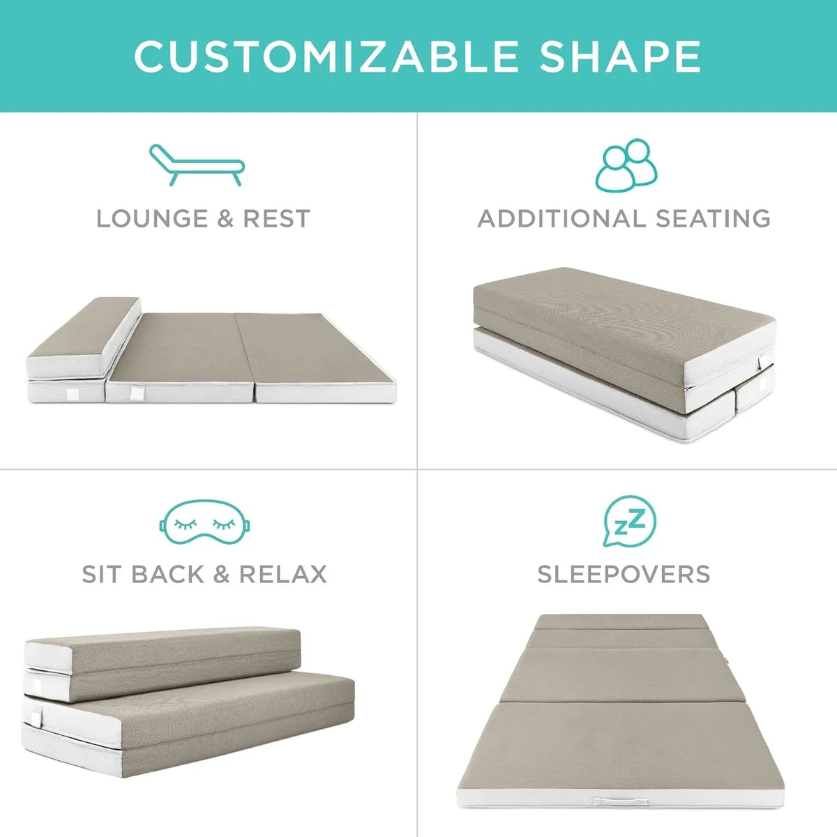 Best Choice Products 4in Portable Queen-Size Mattress, Tri-Fold Mattress for Camping, Guest, Toddler, Foam Plush w/Carry Case - Grey