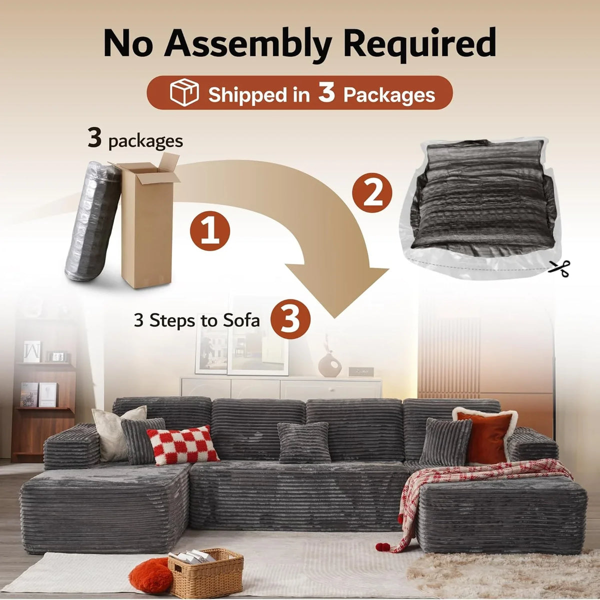 ovios 104" Cloud Sectional Couch with L-Shape Chaise,Modern Modular Sofa with Deep Seat, Upholstered Couches for Living Room Bedroom,No Assembly Required, Grey (Plush Corduroy Fabric)