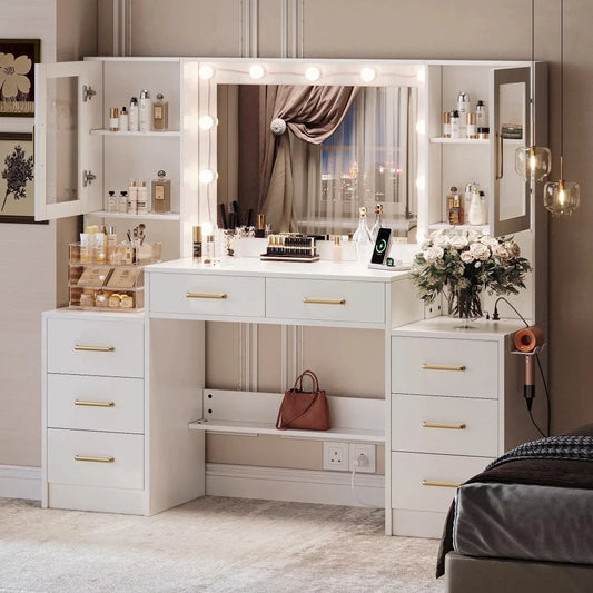 UGTOO 58.27" Modern LED Makeup Vanity Desk with Mirror & Lights,10 Adjustable LED Bulbs,8 Drawers + 2 Cabinets,White Farmhouse/Minimalist Design