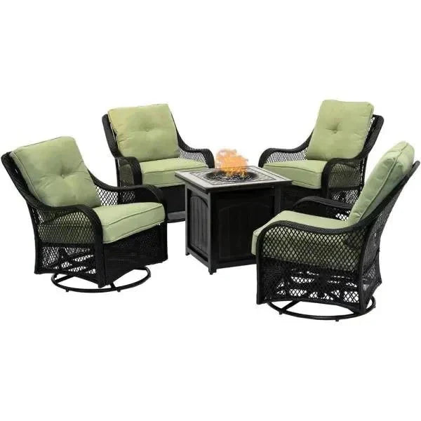 2025 5-piece steel patio fire pit seating set with navy blue cushions, swivel gliders and square fire pit table