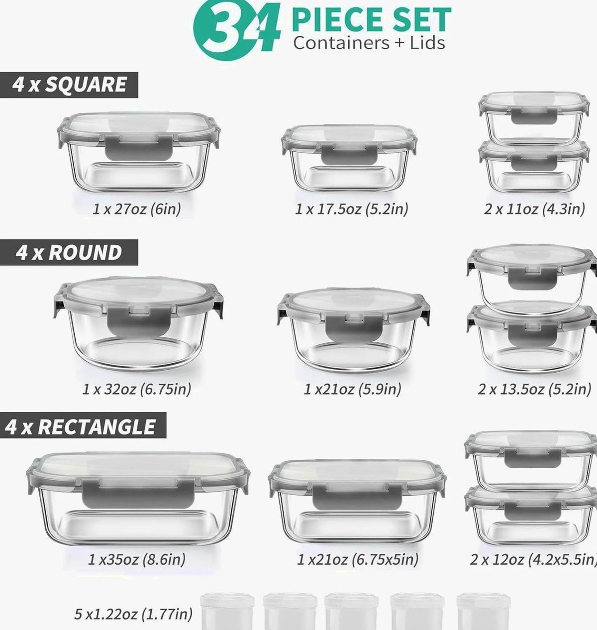 34pcs Glass Food Storage Containers with Lids Set, Airtight Meal Prep Containers (17 Containers &amp; 17 Lids), Grey