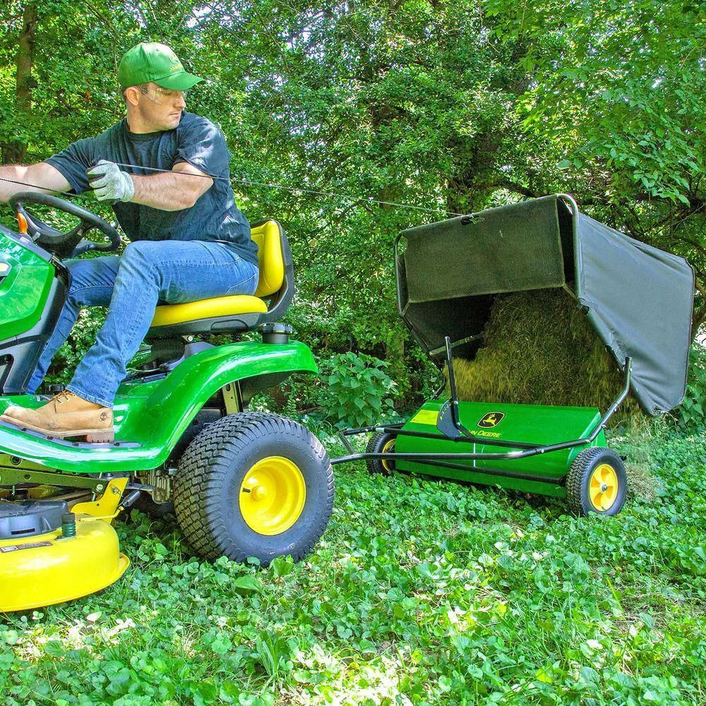 John Deere 42 trailed lawn sweeper, 24 cubic foot capacity, adjustable brushes