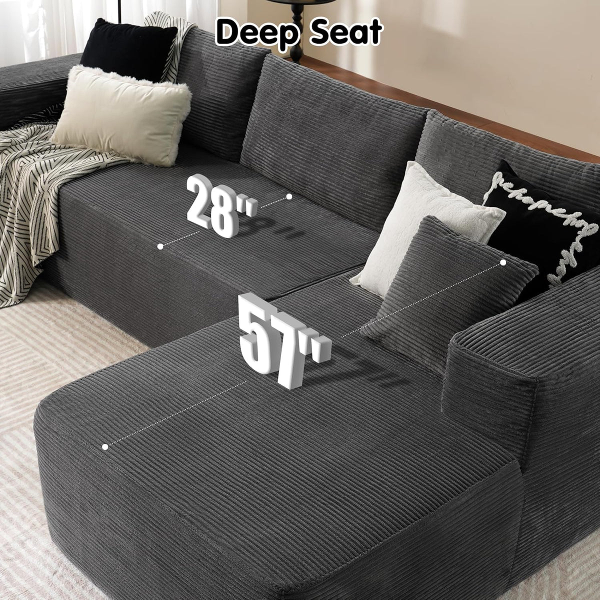 ovios 104" Cloud Sectional Couch with L-Shape Chaise,Modern Modular Sofa with Deep Seat, Upholstered Couches for Living Room Bedroom,No Assembly Required, Grey (Plush Corduroy Fabric)
