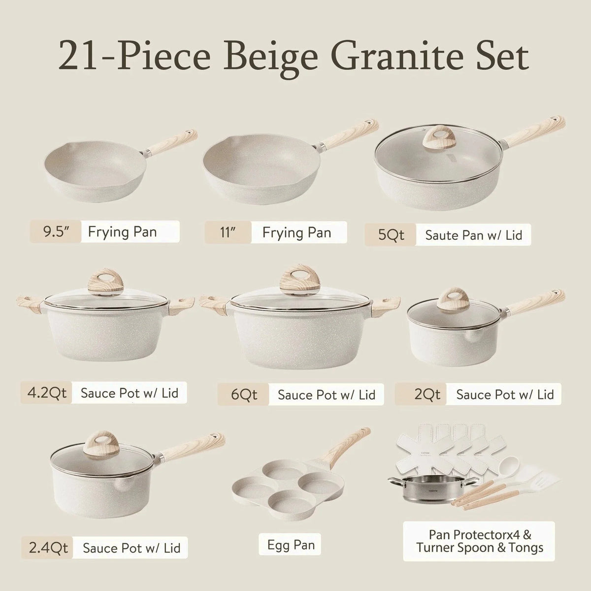 Carote 21-Piece Nonstick Cookware Set, Eco-Friendly Granite, Induction Compatible, Beige