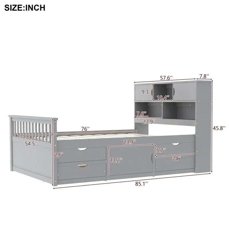 Twin/Full Size Captain Platform Bed with 4 Drawers and Storage Shelves, Solid Wood Bed Frame with Storage Bookcase Headboard