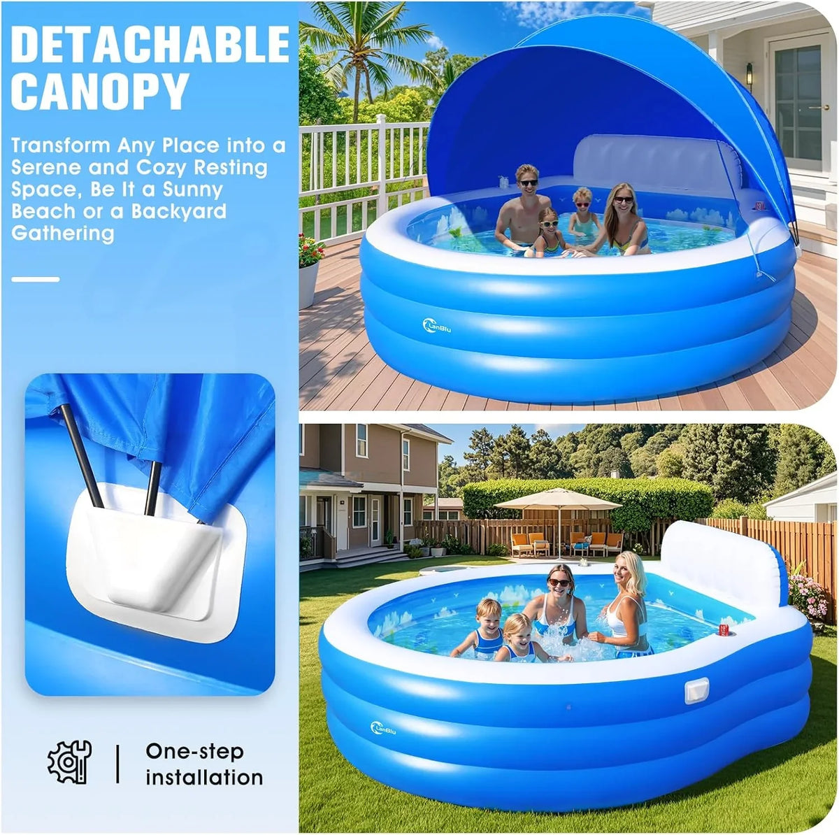 2025 Upgraded Inflatable Pool with Canopy, Inflatable Family Lounge Pool, Round Blow Up Pool for Adult with Bench & Backrest, Swim Center Easy Backyard Pools for Kids & Adults, 92"x92"x26", Blue