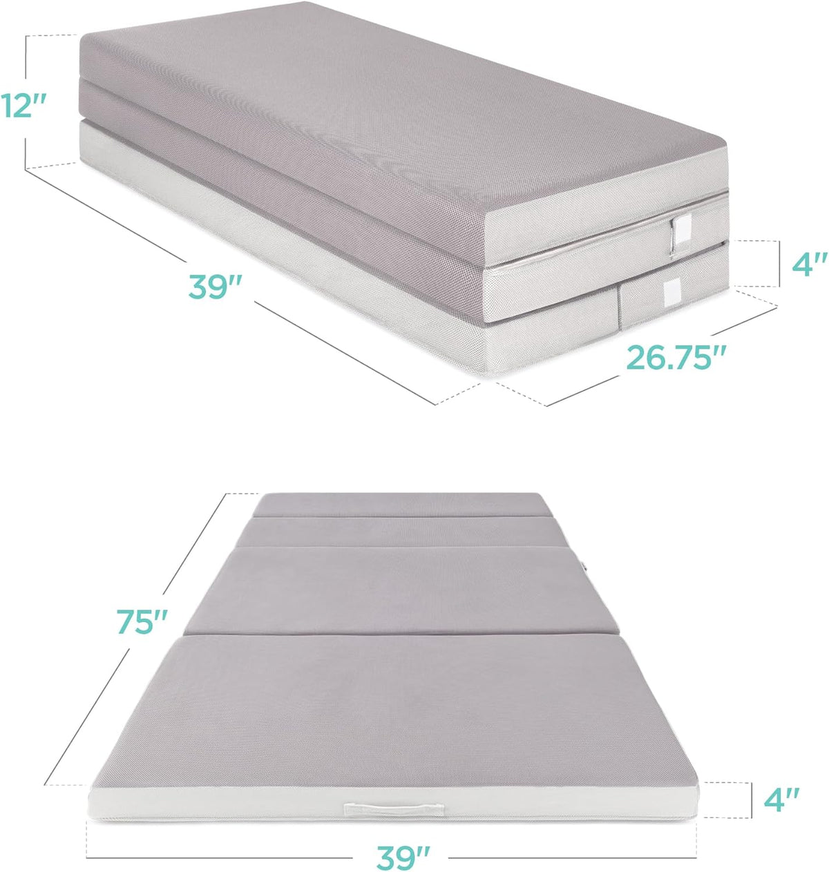 Best Choice Products 4in Portable Queen-Size Mattress, Tri-Fold Mattress for Camping, Guest, Toddler, Foam Plush w/Carry Case - Grey