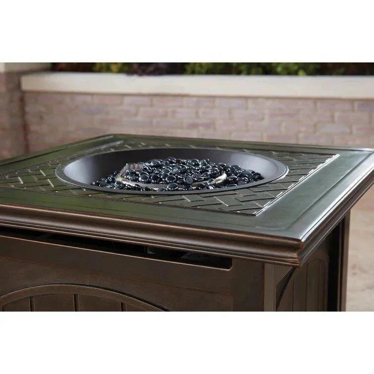 2025 5-piece steel patio fire pit seating set with navy blue cushions, swivel gliders and square fire pit table