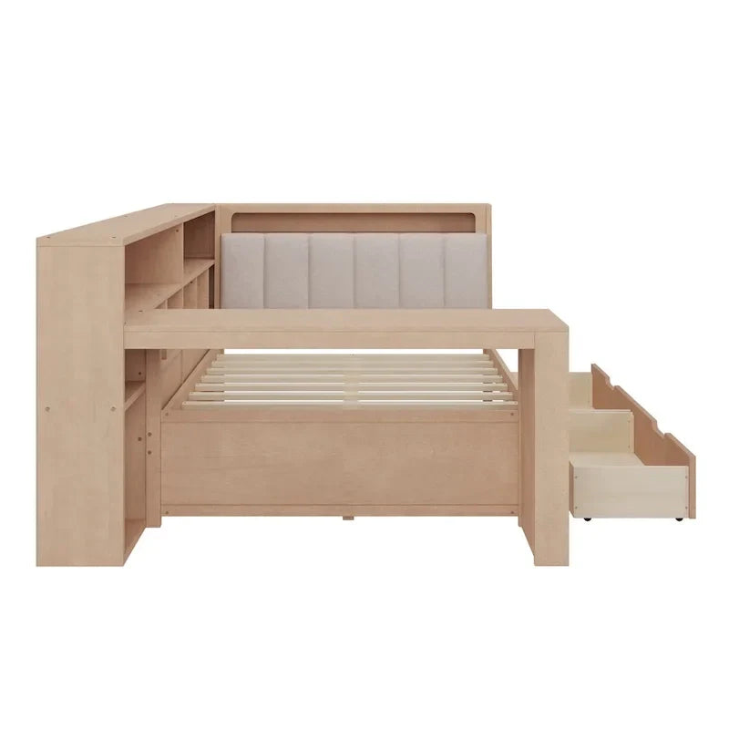 L-shaped Wooden Sofa Daybed with Desk, Bookcase Cabinet, Corner Bed with Under-bed Drawers, Upholstered Headboard Built-in Light