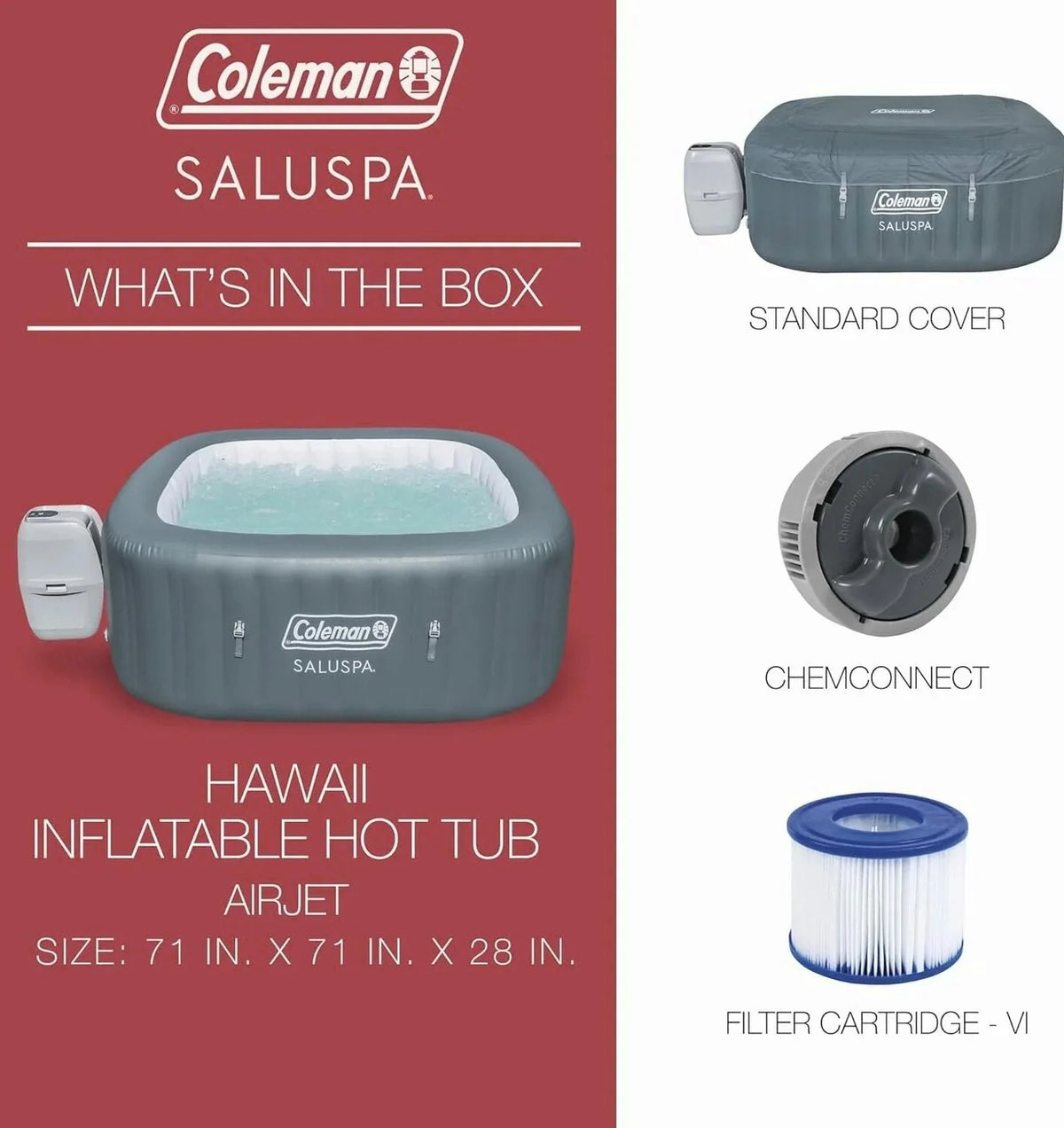 4 to 6 Person Inflatable Hot Tub Square Portable Outdoor Spa with 114 Soothing AirJets and Insulated Cover, Gray-Coleman
