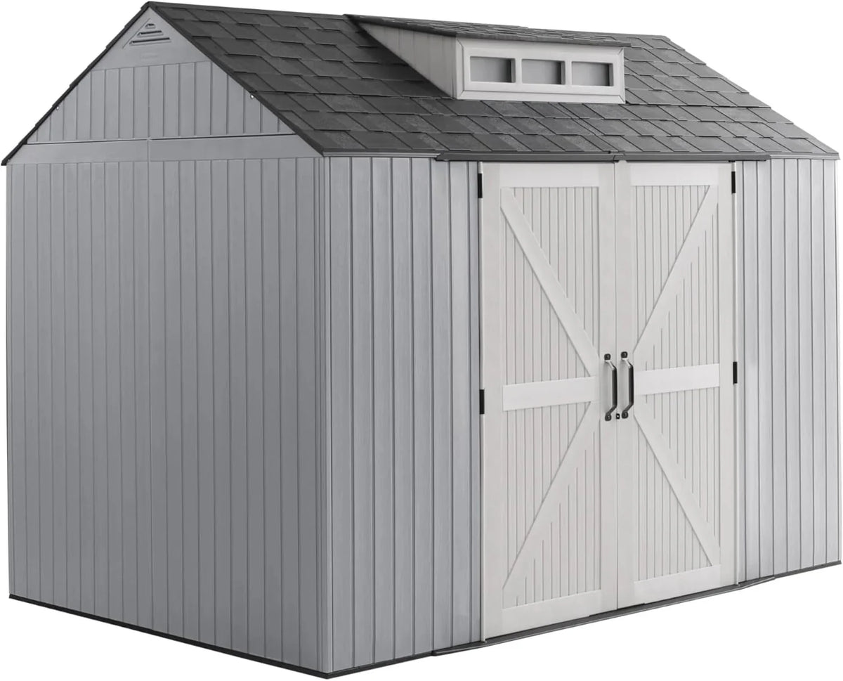 Rubbermaid resin garden shed with floor (2.13 x 2.13 m), weatherproof, grey, for storing garden tools, lawnmowers, bicycles and pool accessories