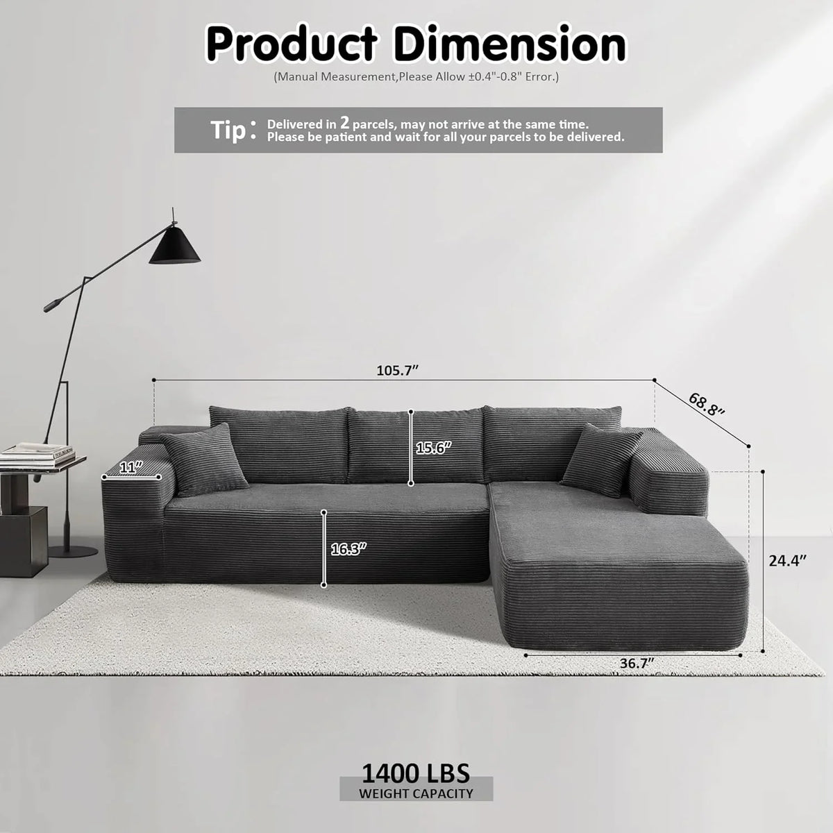 ovios 104" Cloud Sectional Couch with L-Shape Chaise,Modern Modular Sofa with Deep Seat, Upholstered Couches for Living Room Bedroom,No Assembly Required, Grey (Plush Corduroy Fabric)