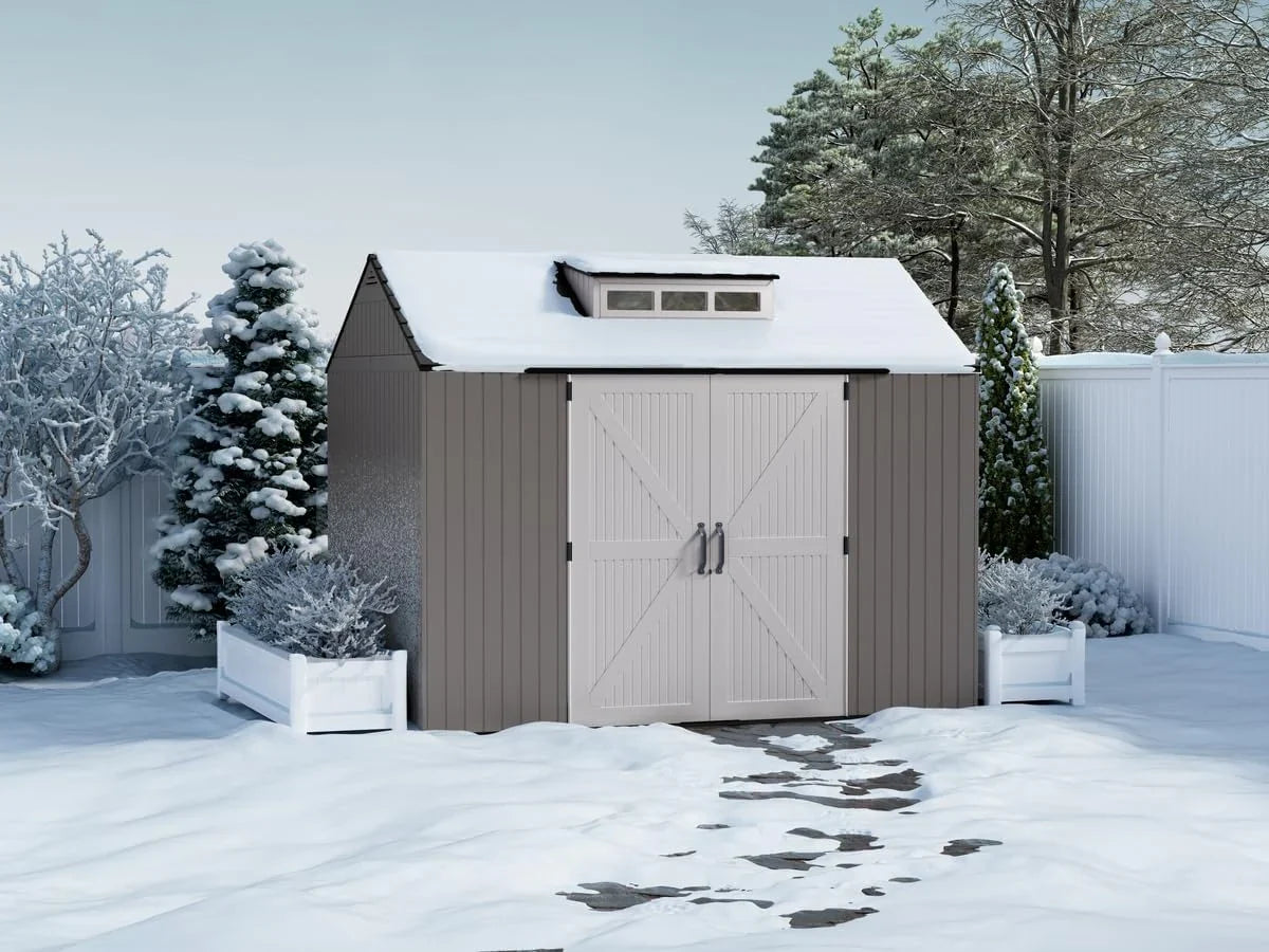Rubbermaid resin garden shed with floor (2.13 x 2.13 m), weatherproof, grey, for storing garden tools, lawnmowers, bicycles and pool accessories