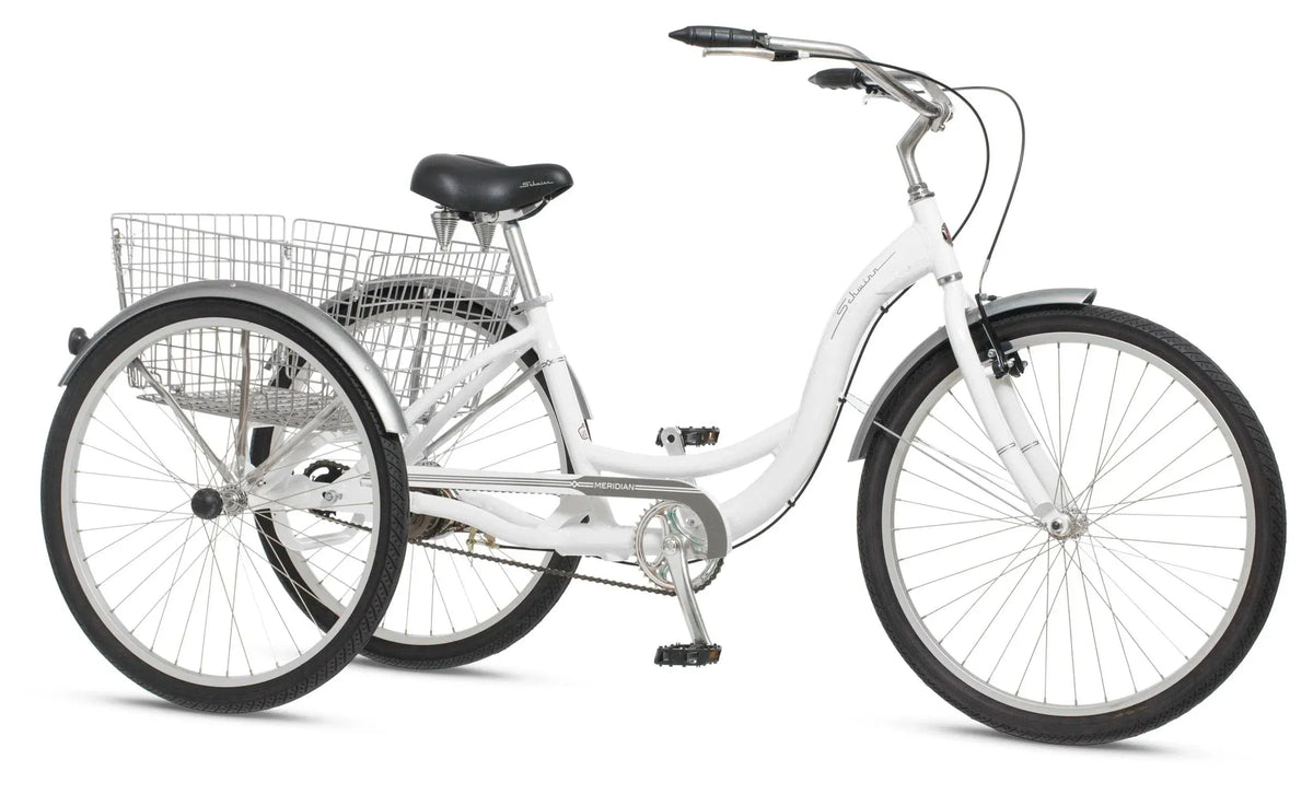 2025 Schwinn Meridian Adult Tricycle, Men's and Women's Beach Cruiser, 26-inch Wheels, Low Step-Through, Wide Saddle, Folding Rear Basket.