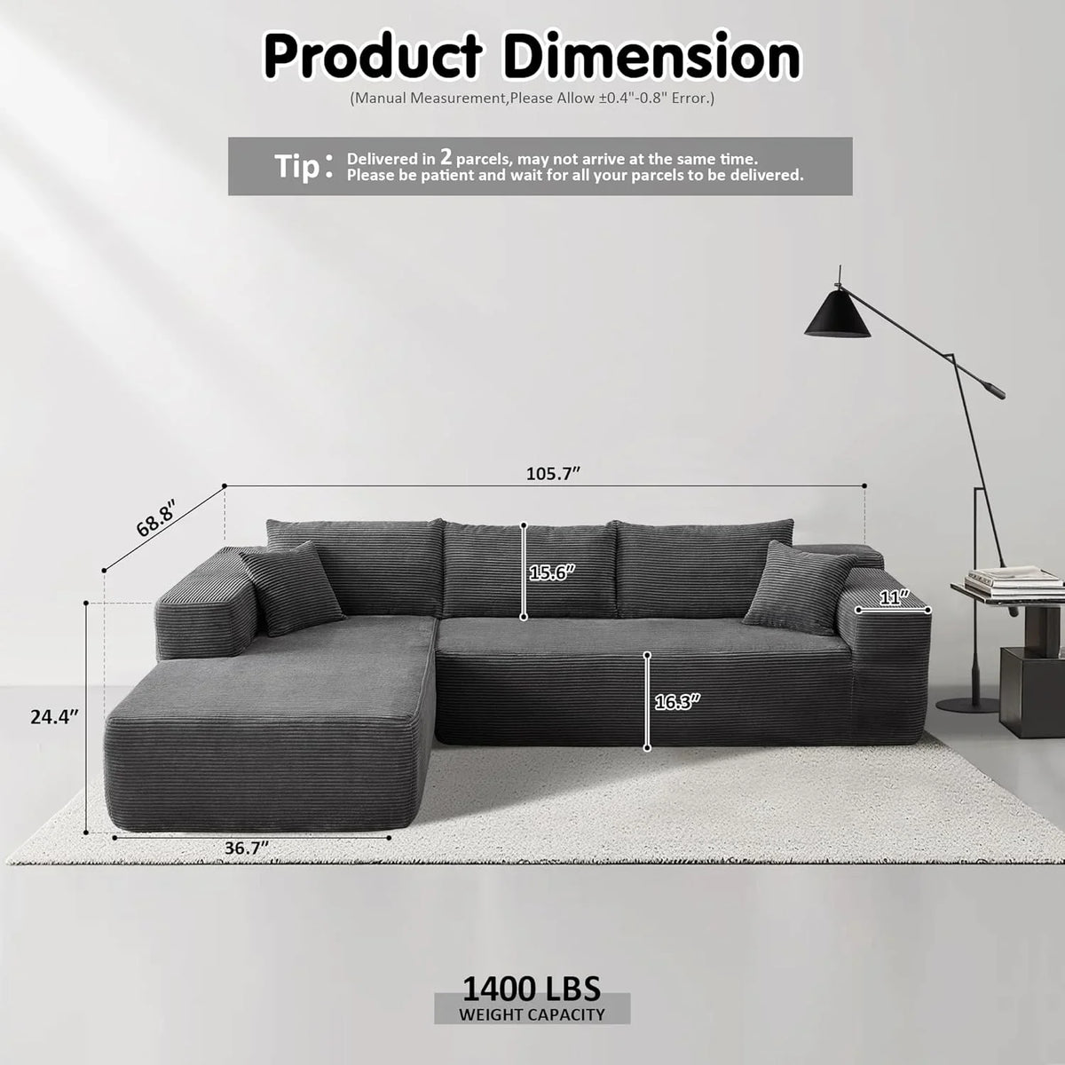ovios 104" Cloud Sectional Couch with L-Shape Chaise,Modern Modular Sofa with Deep Seat, Upholstered Couches for Living Room Bedroom,No Assembly Required, Grey (Plush Corduroy Fabric)